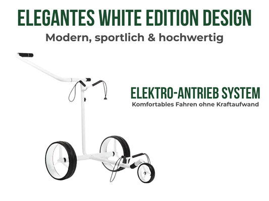 Weißer Golf Trolley mit drei Rädern und ergonomischem Griff auf weißem Hintergrund