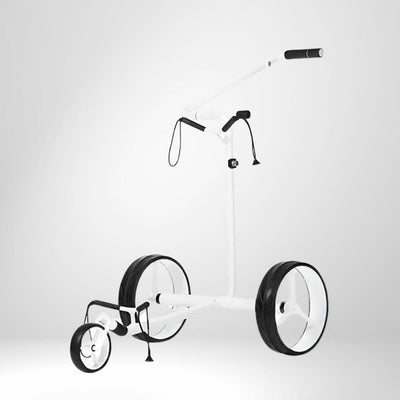 Weißer Golf Trolley mit drei Rädern und höhenverstellbarem Griff, freigestellt