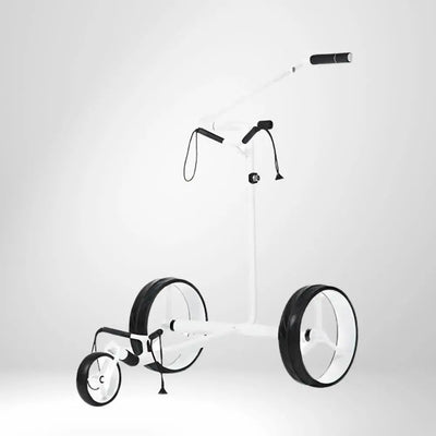 Weißer Golf Trolley mit drei Rädern und höhenverstellbarem Griff, freigestellt