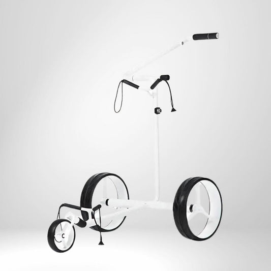 Weißer Golf Trolley mit drei Rädern und höhenverstellbarem Griff, freigestellt