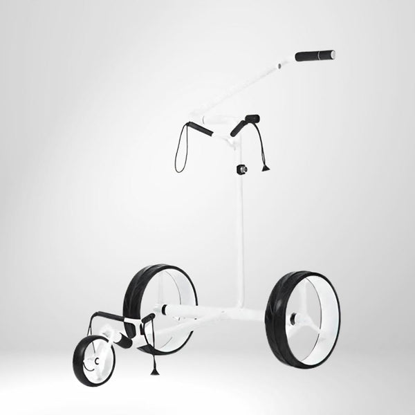 Weißer Golf Trolley mit drei Rädern und höhenverstellbarem Griff, freigestellt