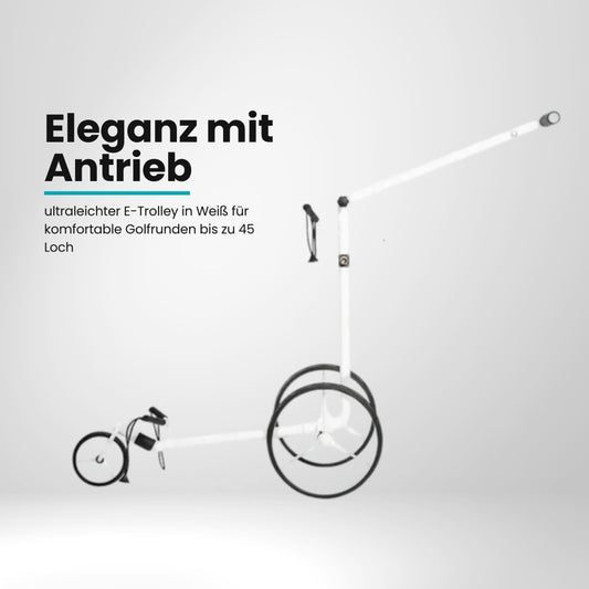 Weißer Golf Trolley mit drei Rädern und langem Griff auf weißem Hintergrund
