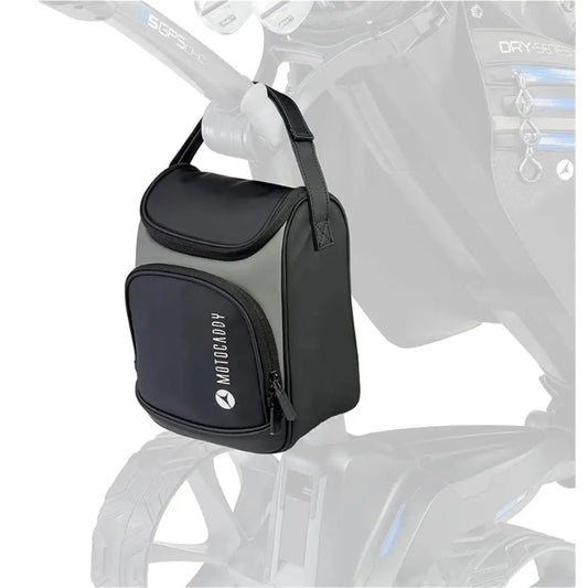 Schwarze Motocaddy Kühltasche am Golf Trolley, Zubehör für Golfer, Vorderansicht