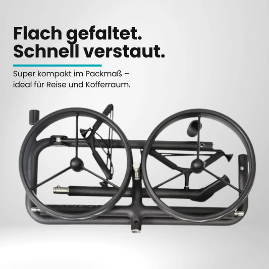 Faltbarer Carbon Golf Trolley mit zwei schwarzen Rädern, kompakt zusammengelegt