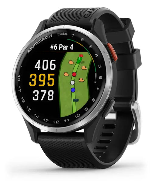 Golf GPS Uhr mit Farbdashboard, Entfernungsanzeige und Golfplatz-Layout, schwarzes Armband
