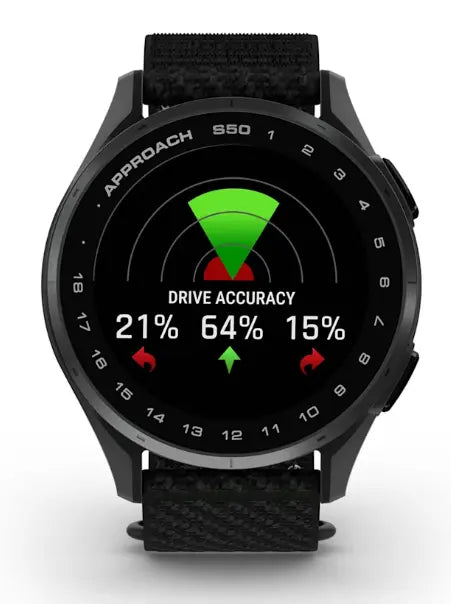 Schwarze Golf GPS-Uhr mit Displayanzeige für Drive Accuracy und Prozentzahlen, modernes Design