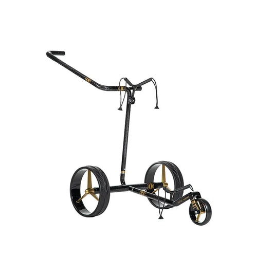 Eleganter Golf Trolley aus Carbon mit goldfarbenen Felgen, für Golfzubehör und Golfplatz geeignet.