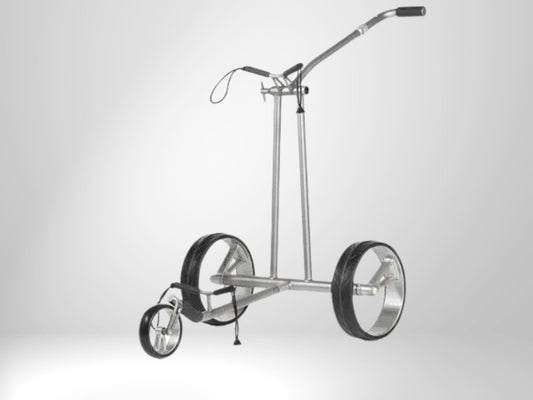 Moderner silberner Golf Trolley mit drei Rädern, ideal für Golfzubehör Transport