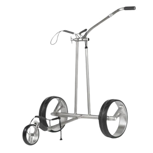 Moderner silberner Golf Trolley mit drei Rädern und ergonomischem Griff auf hellem Hintergrund