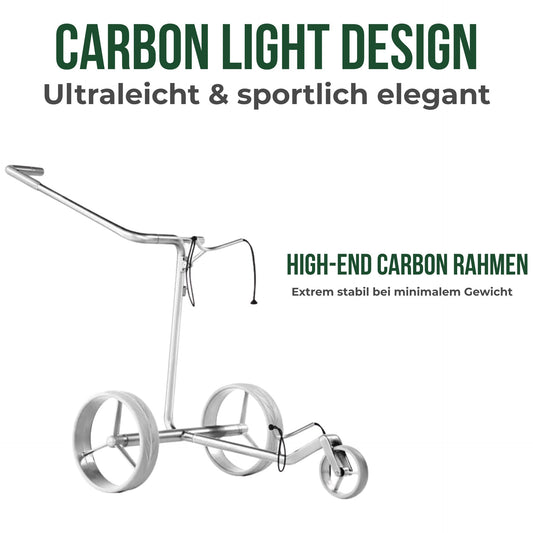Moderner silberner Golf Trolley mit drei Rädern und Garantiehinweis, freigestellt auf Weiß