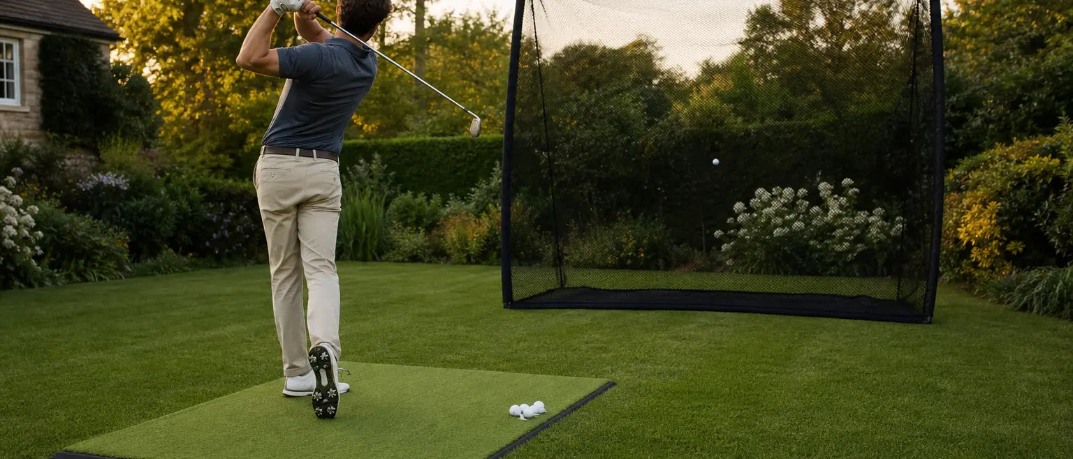 Golfer trainiert im Garten auf einer Matte vor einem sicher befestigten Schlagnetz