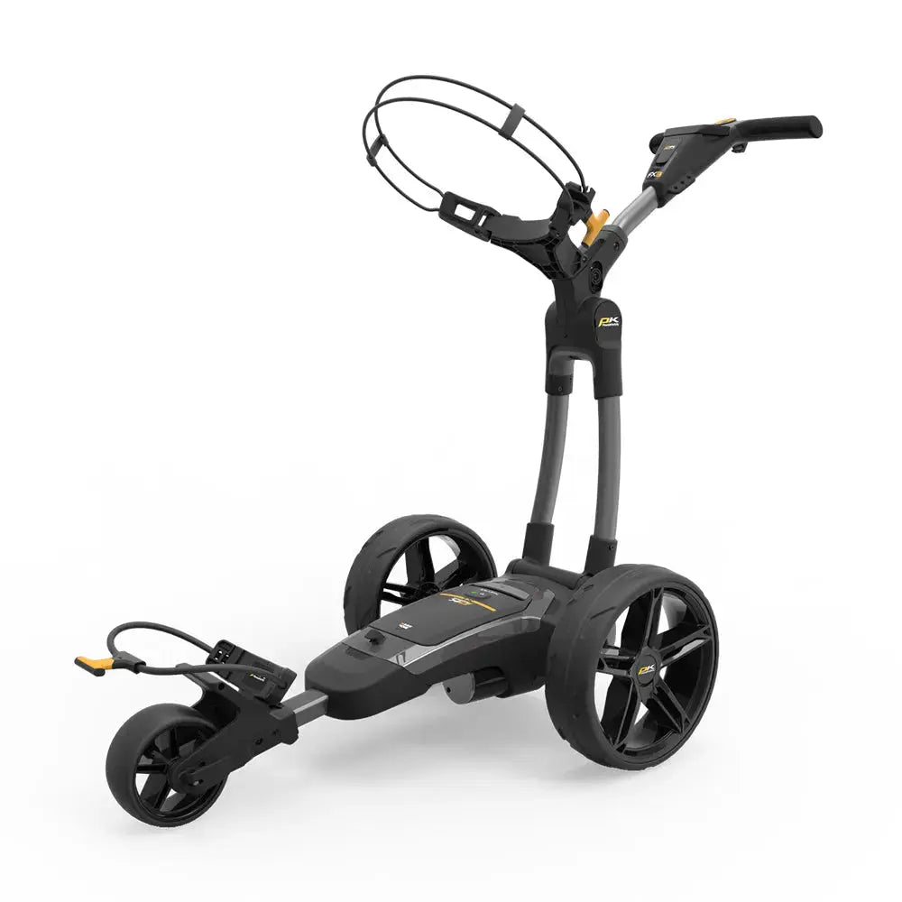 Moderner schwarzer Golf E-Trolley mit großen Rädern und ergonomischem Griff, Studioansicht