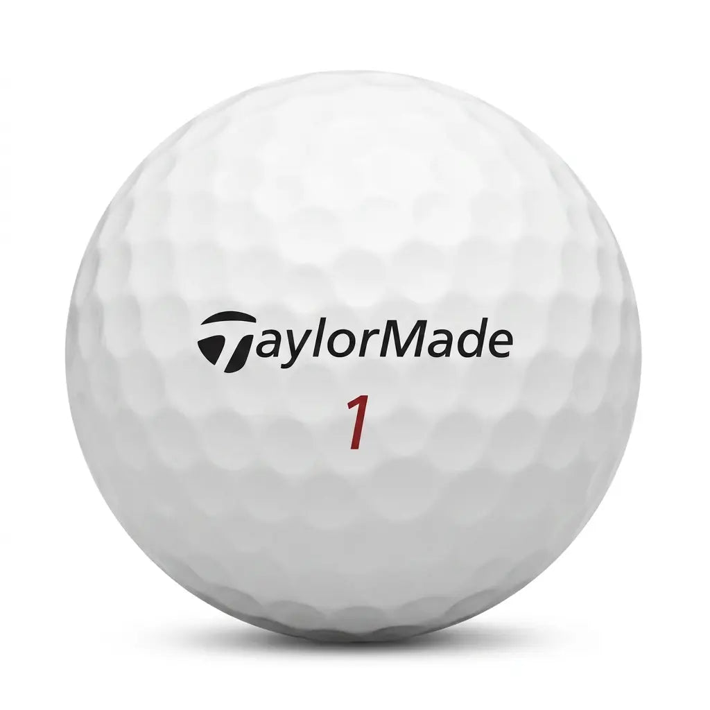 Weißer TaylorMade TP5 Golfball mit Dimples und Aufschrift, freigestellt auf hellem Hintergrund