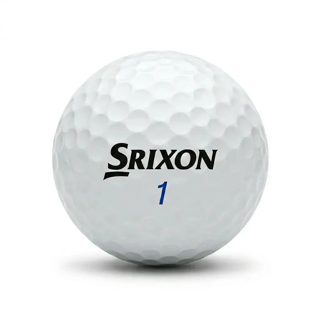 Srixon Golfball mit Logo und blauer Nummer, Nahaufnahme, strukturierte Oberfläche