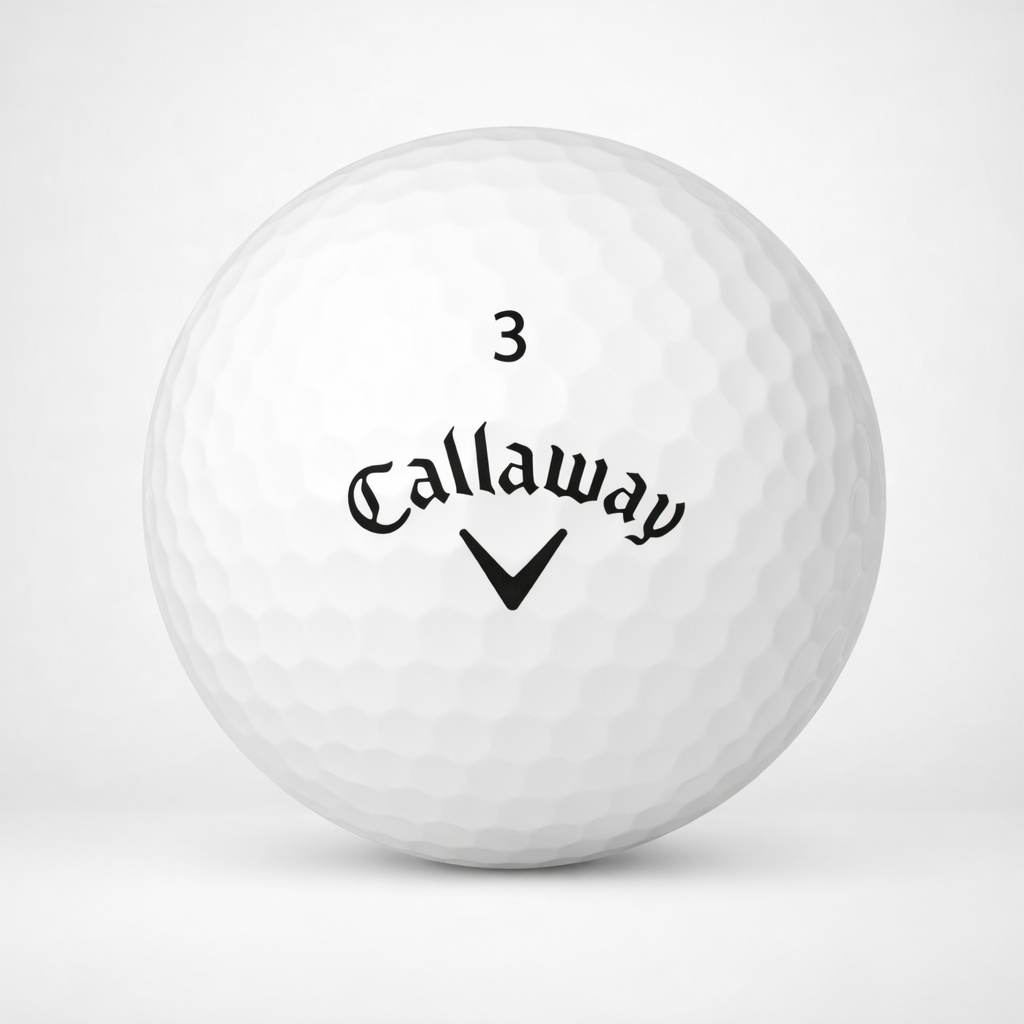 Weißer Golfball mit Callaway-Schriftzug und Chrome Soft Markierung auf hellem Hintergrund