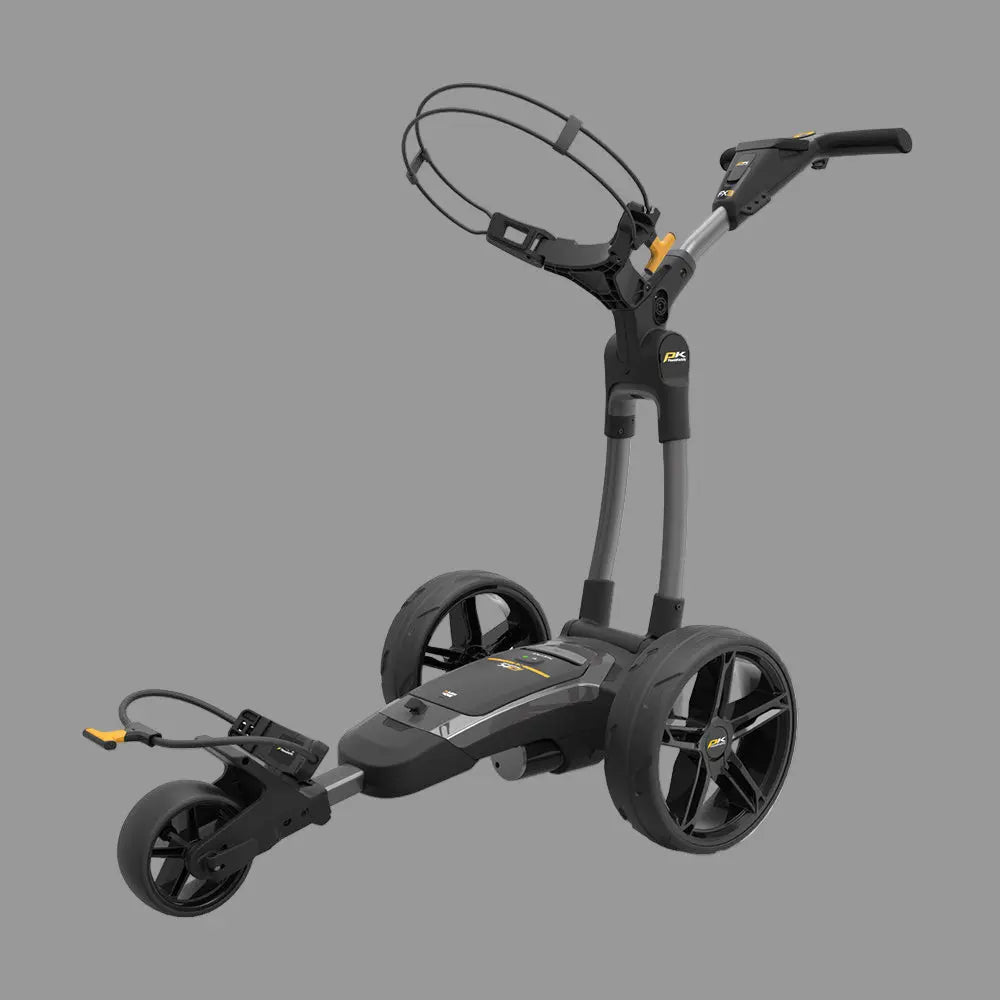 Moderner elektrischer Golf Trolley in Gun Metal mit drei Rädern und verstellbarem Griff