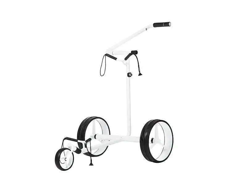 Schwarzer Golf Trolley mit drei Rädern, minimalistisches Design, freigestellt auf weißem Hintergrund
