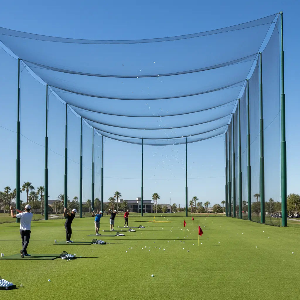 Golfspieler auf moderner Driving Range mit Abschlagmatten, Netzen und Golfbällen unter blauem Himmel