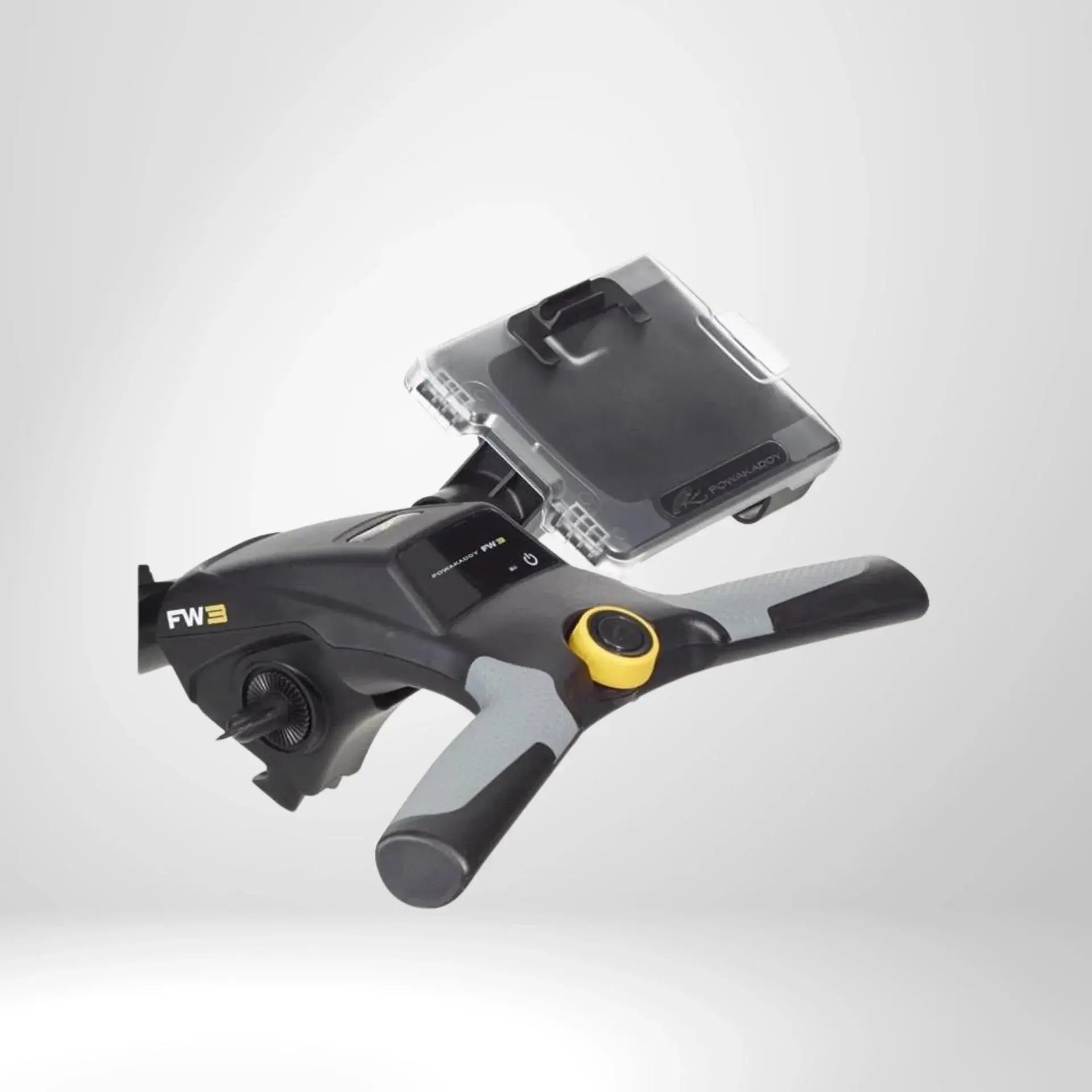 Schwarzer Scorekartenhalter für Golf Trolley, mit Halteclip und klarem Deckel, isoliert