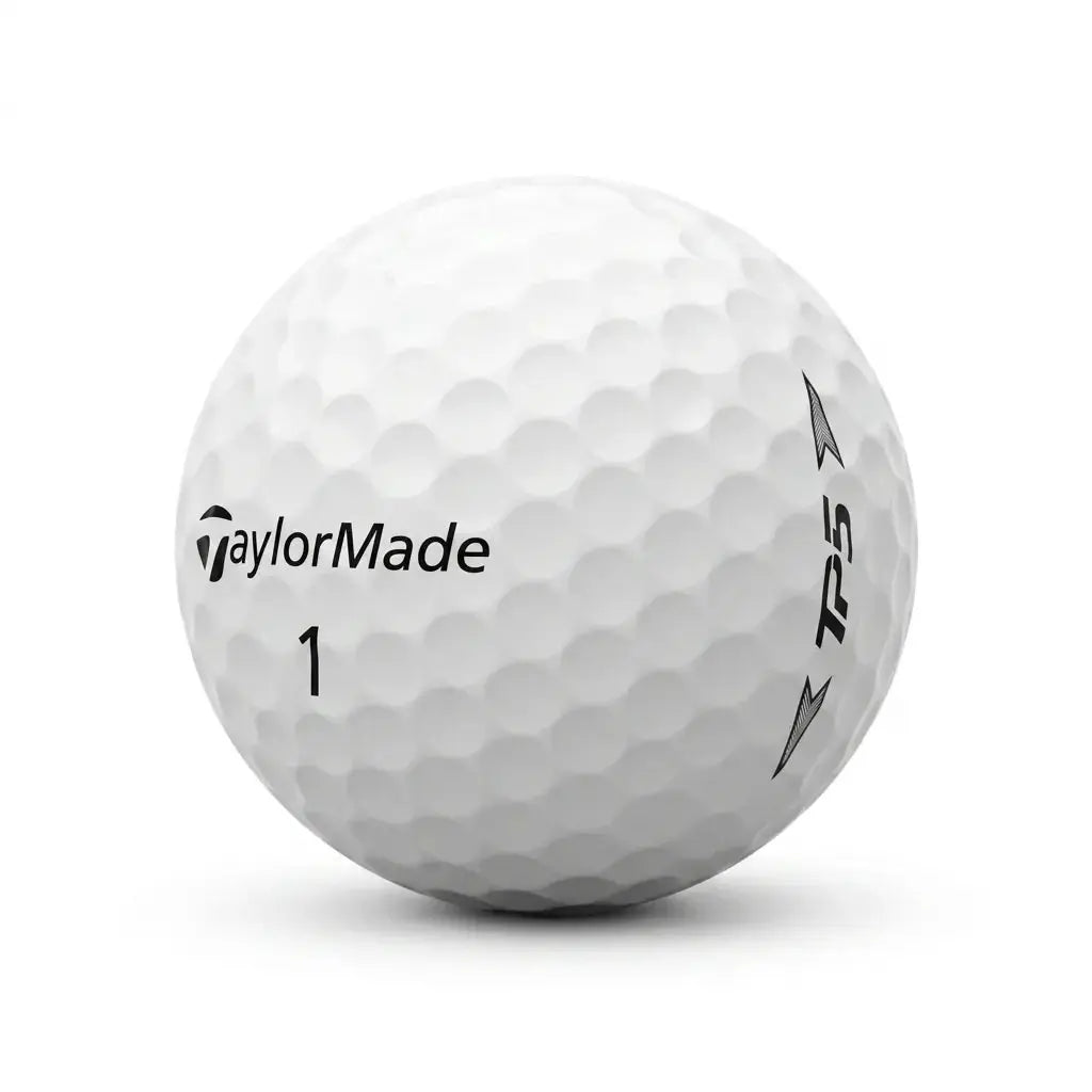 Weiße TaylorMade TP5 Golfball Nahaufnahme, dimples, Golf-Zubehör auf hellem Hintergrund