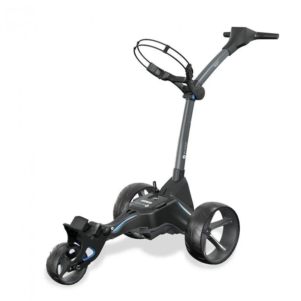Moderner, schwarzer Golf E-Trolley mit großen Rädern auf hellem Hintergrund