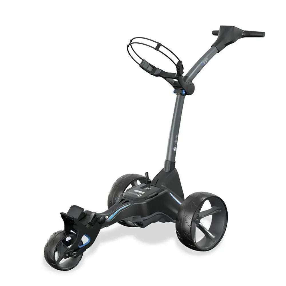 Moderner, schwarzer Golf E-Trolley mit großen Rädern auf hellem Hintergrund