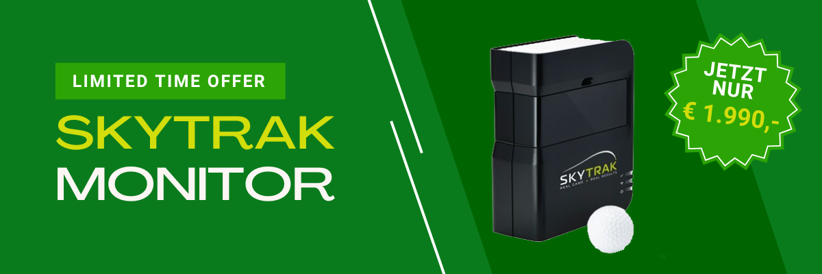 SkyTrak Golf Launch Monitor mit Golfball, Sonderangebot, Preis 1.990€, grüner Hintergrund