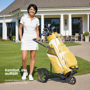 JUCAD EDITION S 3-rädriger Golfwagen mit Golftaschen in Gelb auf einem Golfplatz.