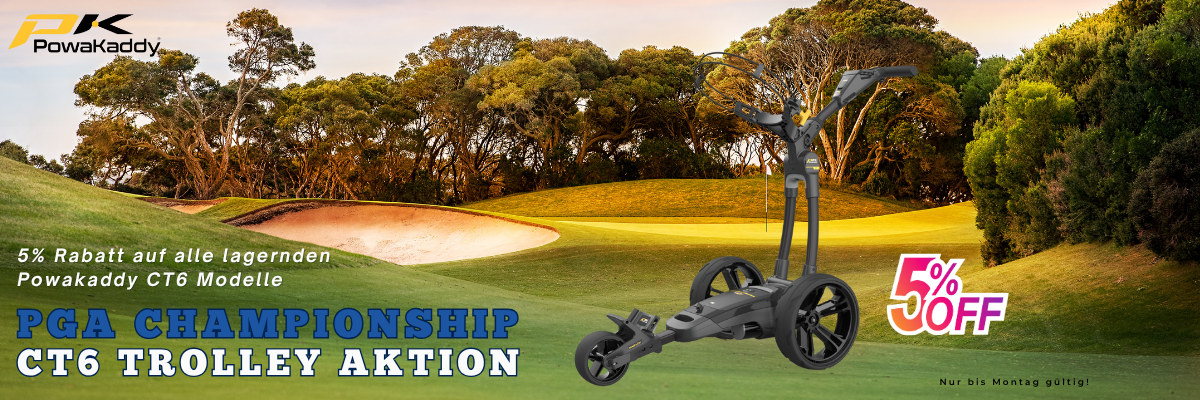 PowaKaddy CT6 Golf Trolley vor Golfplatz, PGA Championship Aktion, 5% Rabatt, Angebot