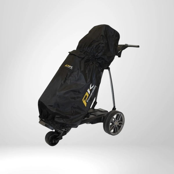 Schwarze Golf Trolley Regenhaube auf E-Trolley, schützt Golfausrüstung vor Nässe