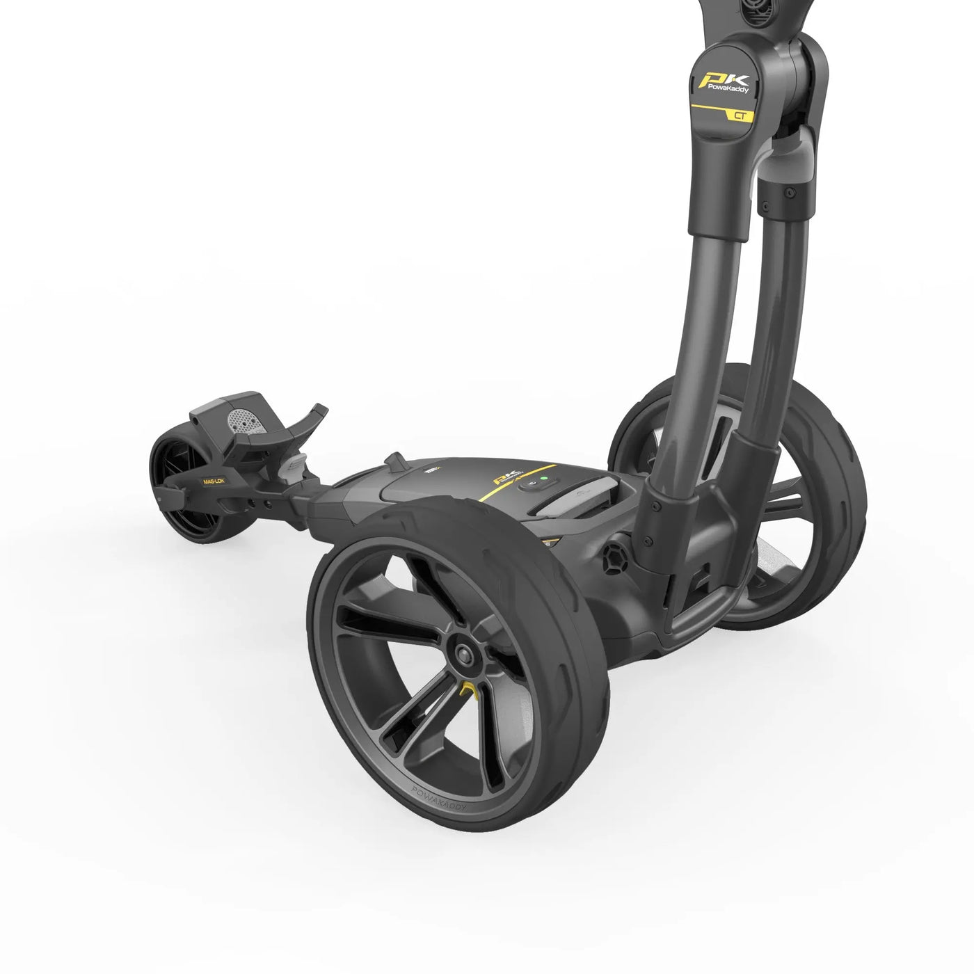 Moderner elektrischer Golf Trolley in Anthrazit mit großen Rädern auf weißem Hintergrund