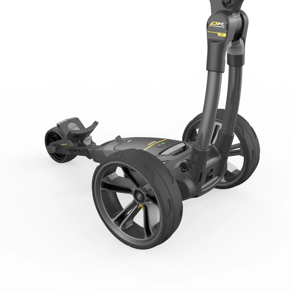 Moderner elektrischer Golf Trolley in Anthrazit mit großen Rädern auf weißem Hintergrund