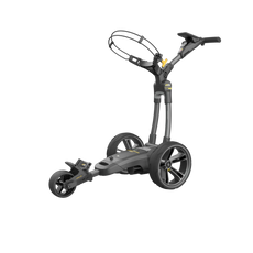 Moderner elektrischer Golf Trolley in Schwarz mit großen Rädern und höhenverstellbarem Griff
