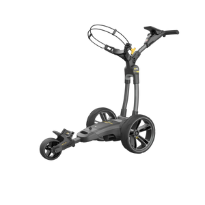 Moderner elektrischer Golf Trolley in Schwarz mit großen Rädern und höhenverstellbarem Griff