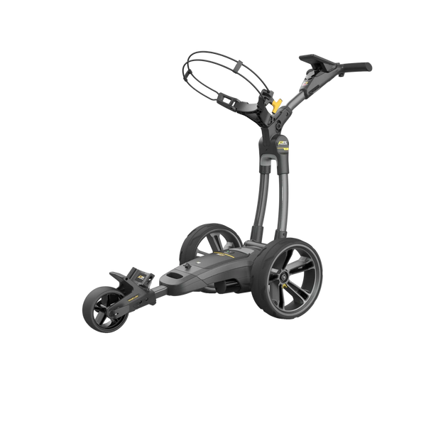 Moderner elektrischer Golf Trolley in Schwarz mit großen Rädern und höhenverstellbarem Griff