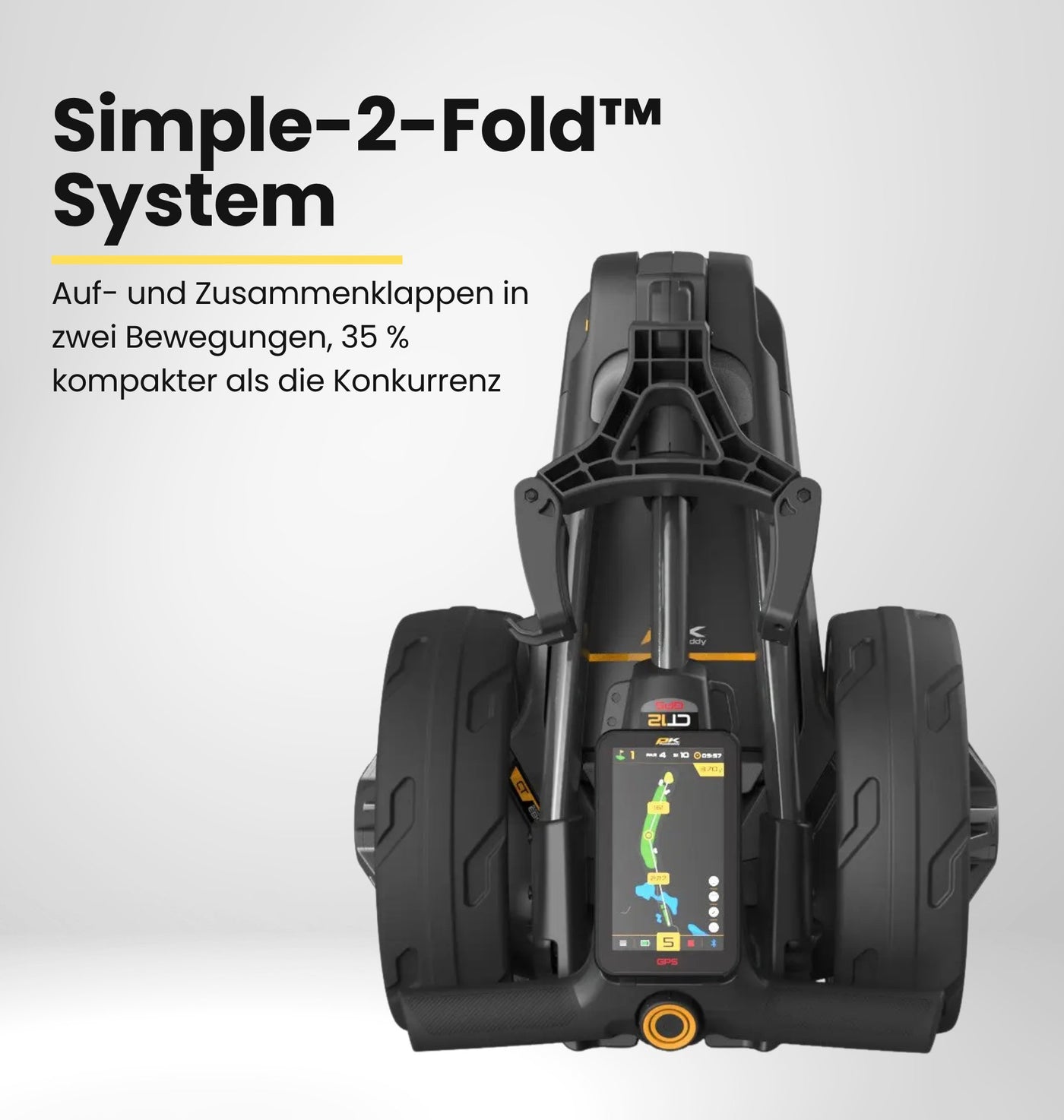 Moderner faltbarer Golf Trolley mit GPS und Display, kompakt zusammengeklappt