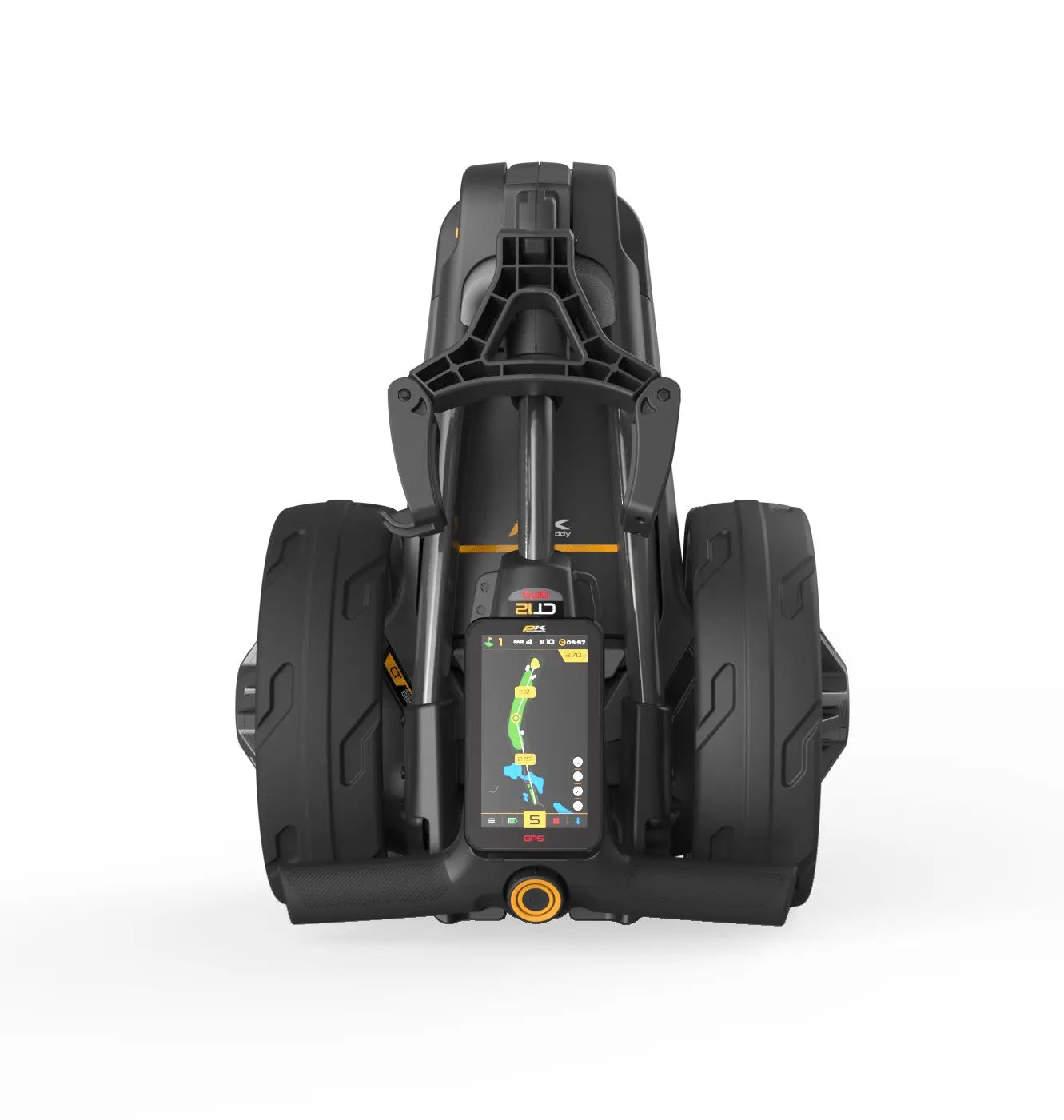Moderner faltbarer Golf Trolley mit GPS und Display, kompakt zusammengeklappt