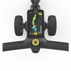 Golf Trolley Griff mit integriertem GPS-Display, schwarzes Design, Touchscreen zeigt Golfplatzkarte
