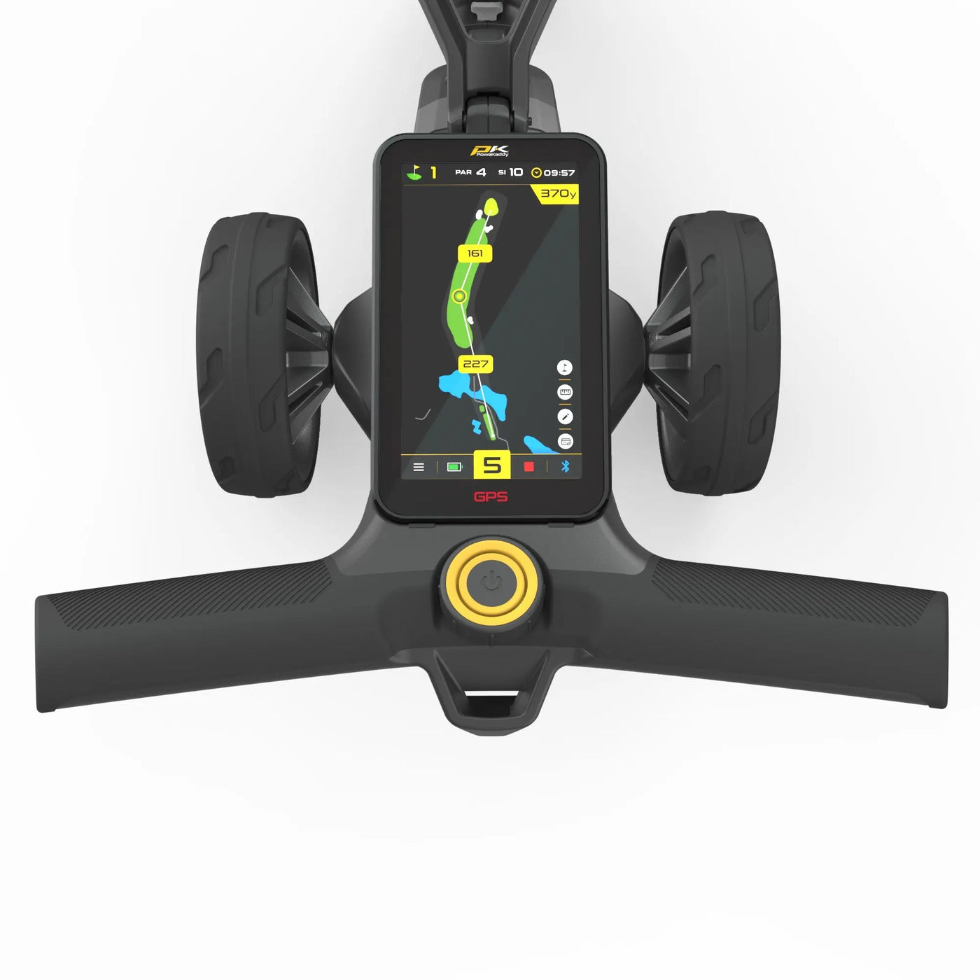 Golf Trolley Griff mit integriertem GPS-Display, schwarzes Design, Touchscreen zeigt Golfplatzkarte