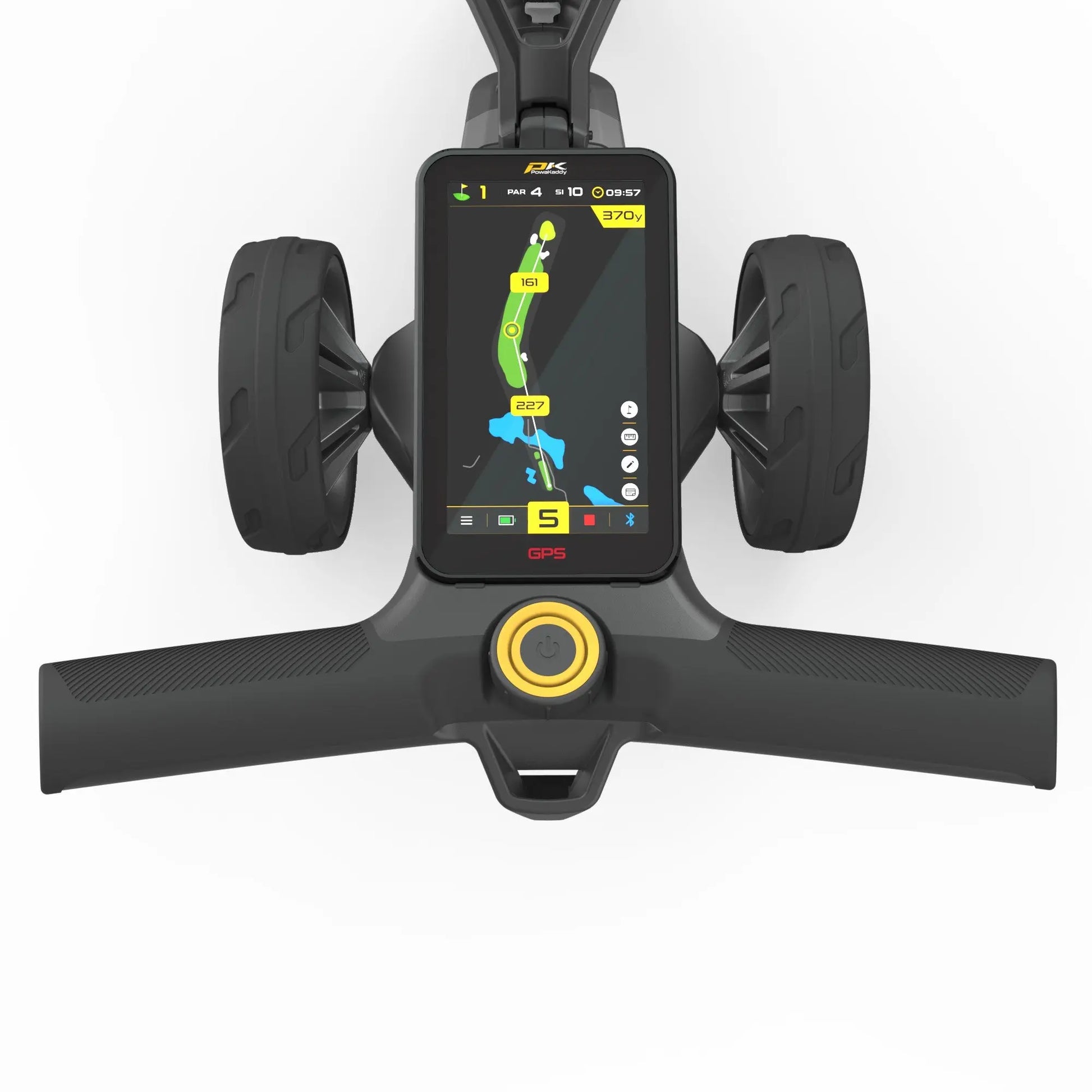 Golf Trolley Griff mit integriertem GPS-Display, schwarzes Design, Touchscreen zeigt Golfplatzkarte
