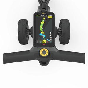 Golf Trolley Griff mit integriertem GPS-Display, schwarzes Design, Touchscreen zeigt Golfplatzkarte