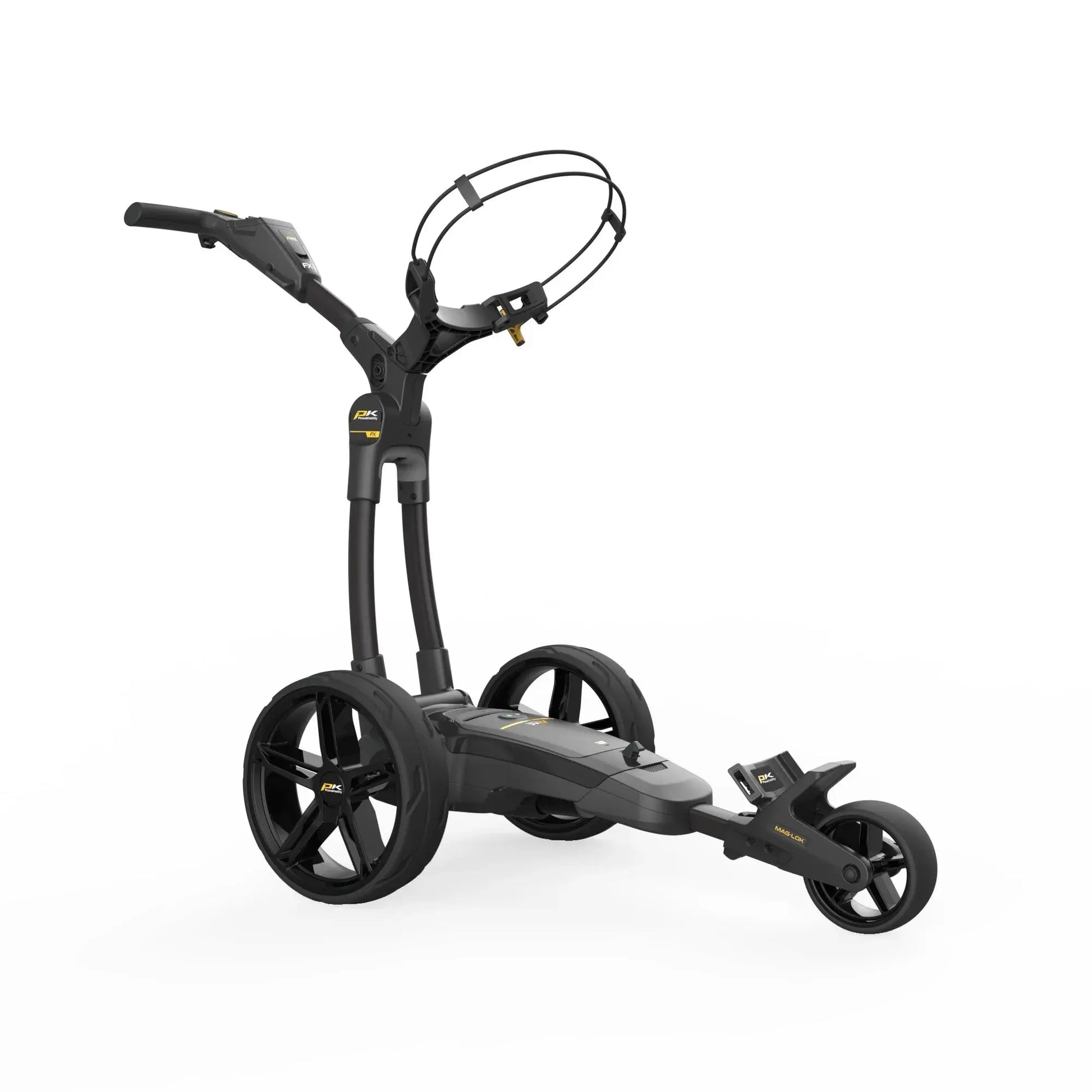 Schwarzer dreirädriger Elektro-Golf Trolley mit modernem Design auf weißem Hintergrund