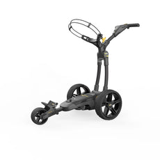 Schwarzer moderner E-Trolley für Golfbags mit drei Rädern auf weißem Hintergrund