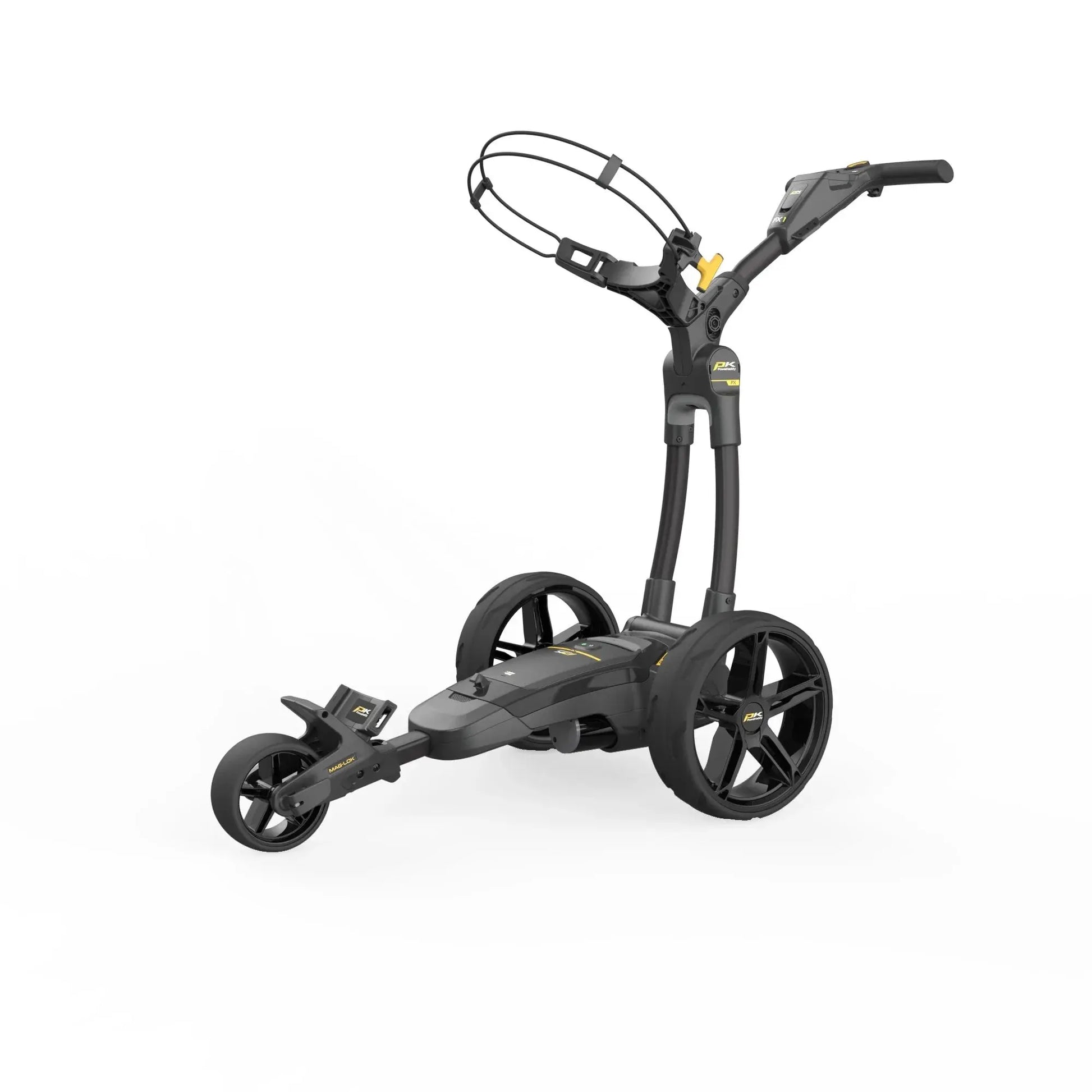 Schwarzer moderner E-Trolley für Golfbags mit drei Rädern auf weißem Hintergrund