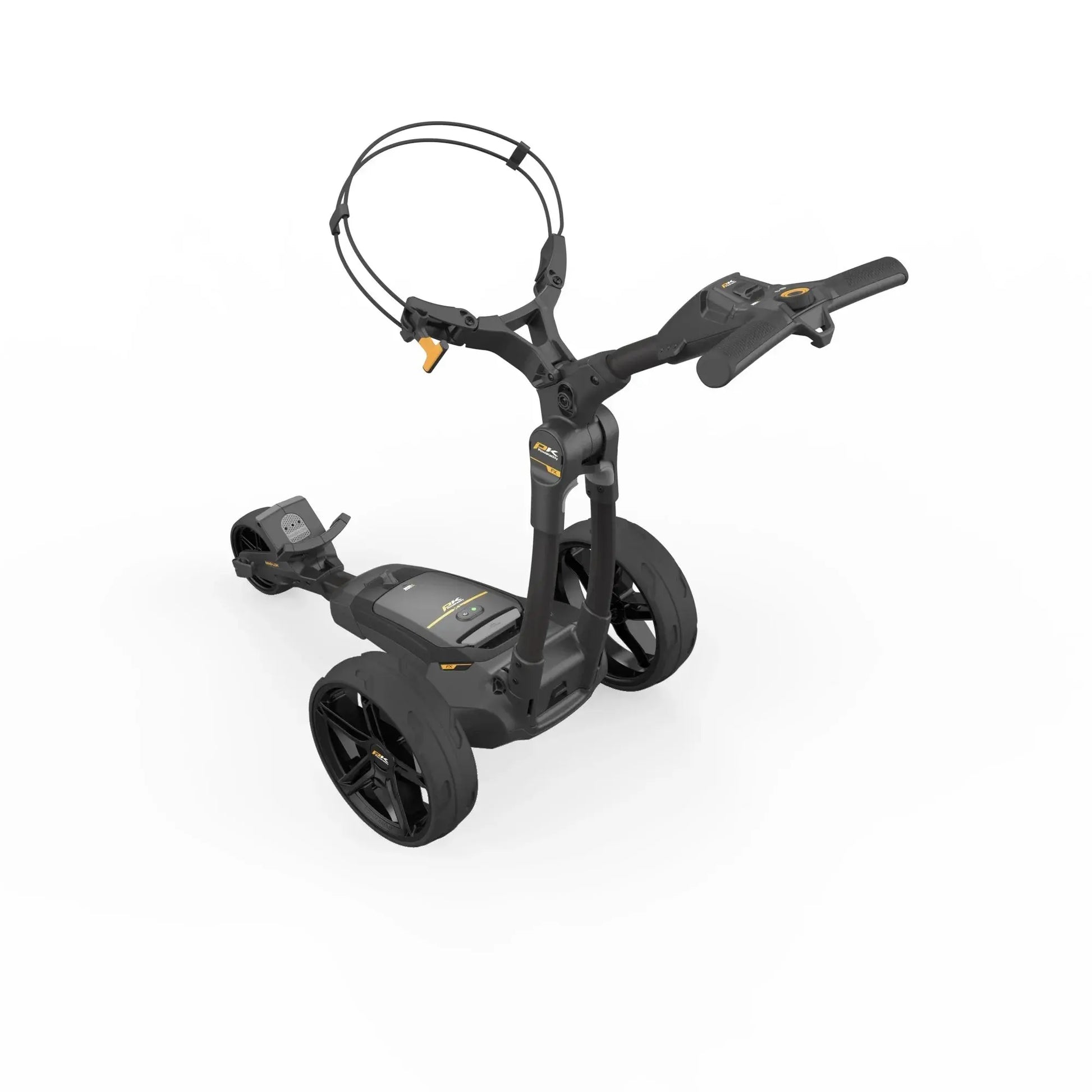 Moderner, schwarzer E-Trolley für Golfbags mit stabilen Rädern und ergonomischem Griff