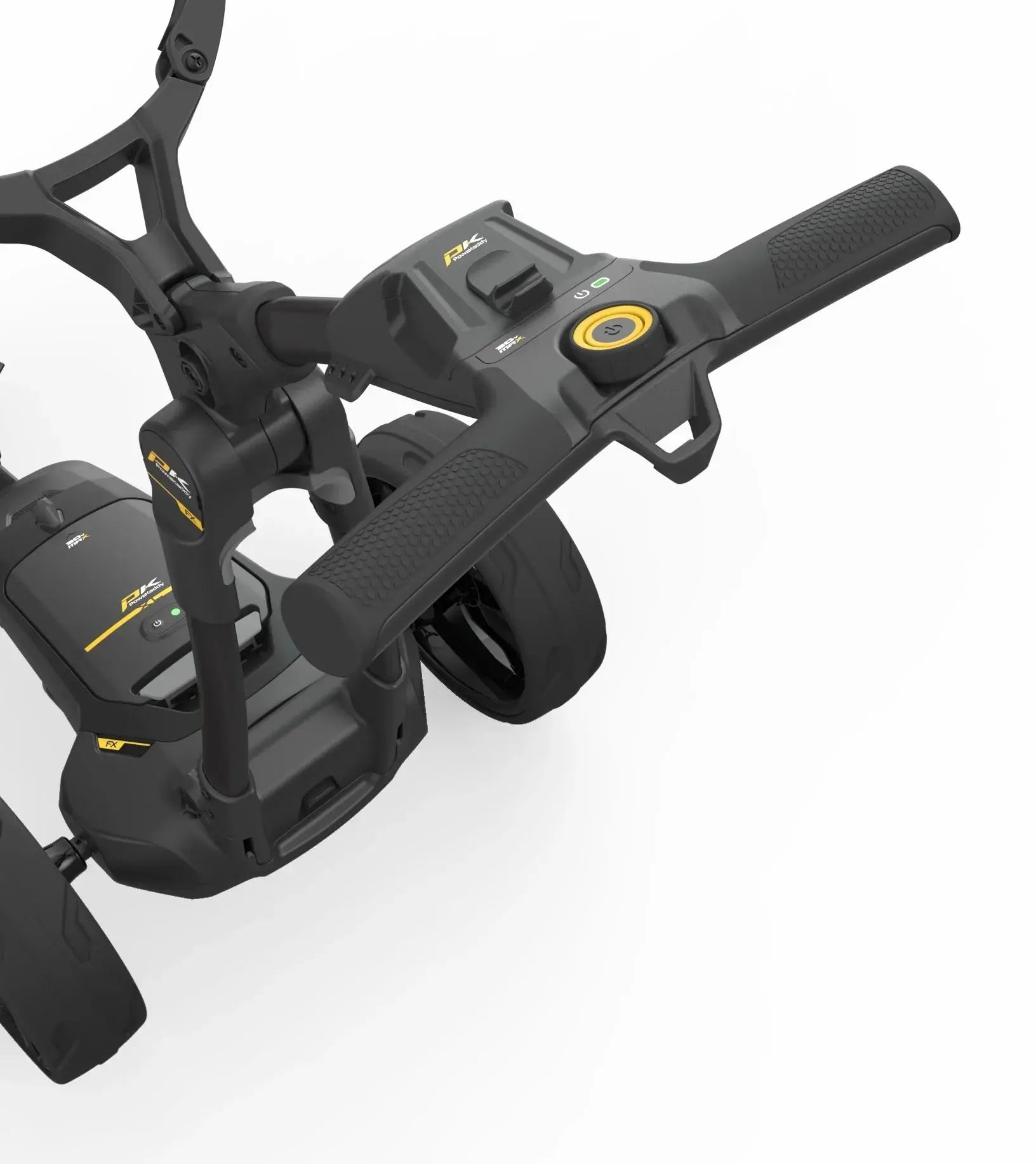 Elektrischer Golf Trolley in Schwarz mit gelben Akzenten und Bedienelementen, Nahaufnahme