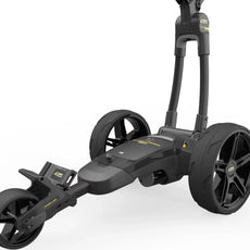 Elektrischer Golf Trolley in Schwarz mit großen Rädern und modernem Design auf weißem Hintergrund
