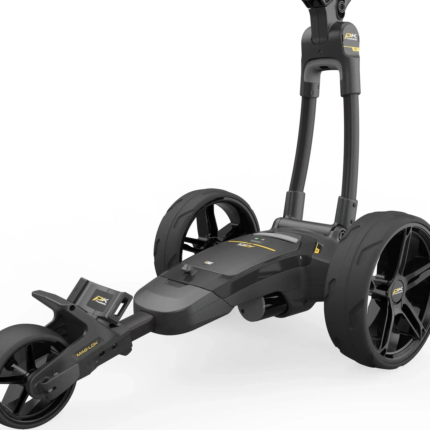 Elektrischer Golf Trolley in Schwarz mit großen Rädern und modernem Design auf weißem Hintergrund