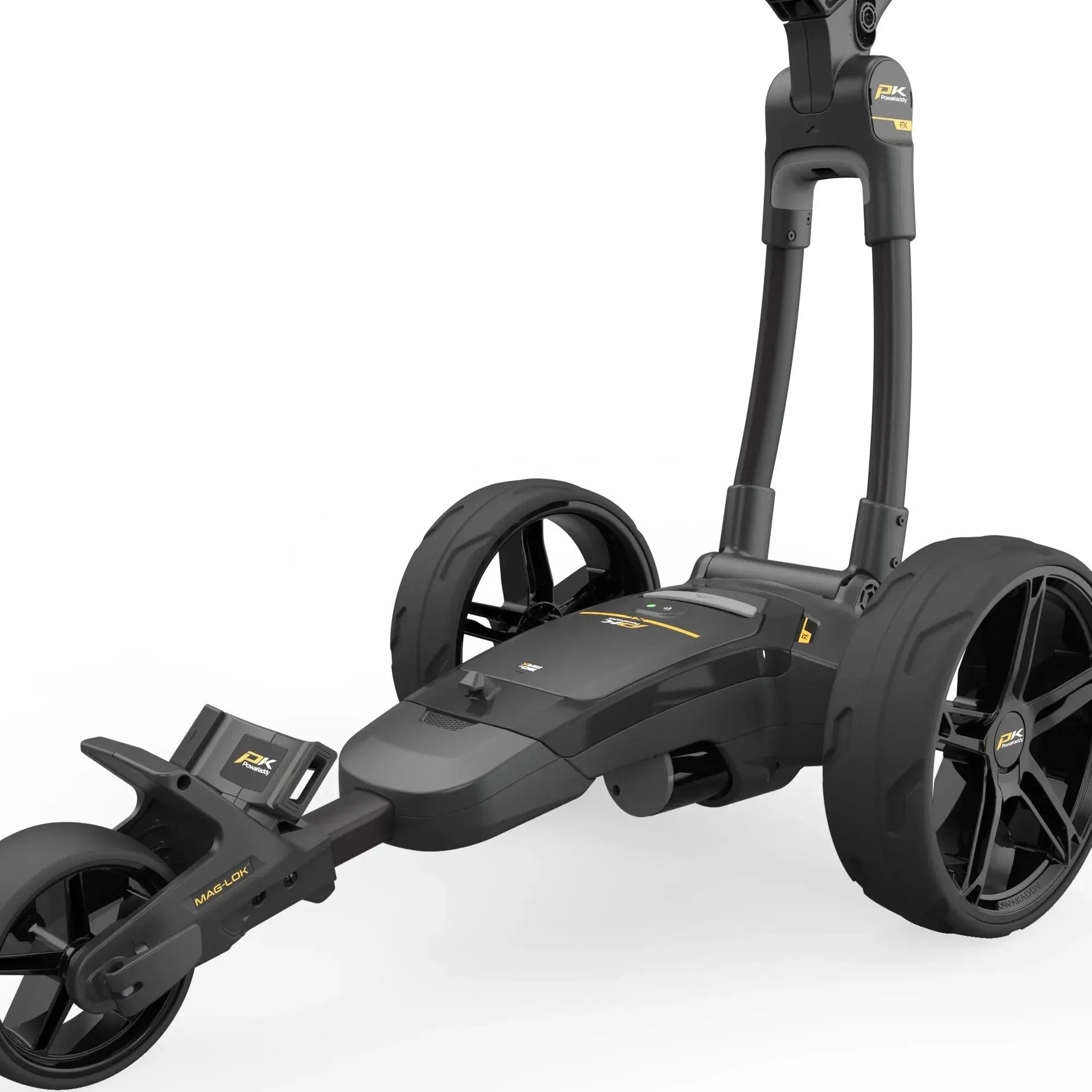 Elektrischer Golf Trolley in Schwarz mit großen Rädern und modernem Design auf weißem Hintergrund