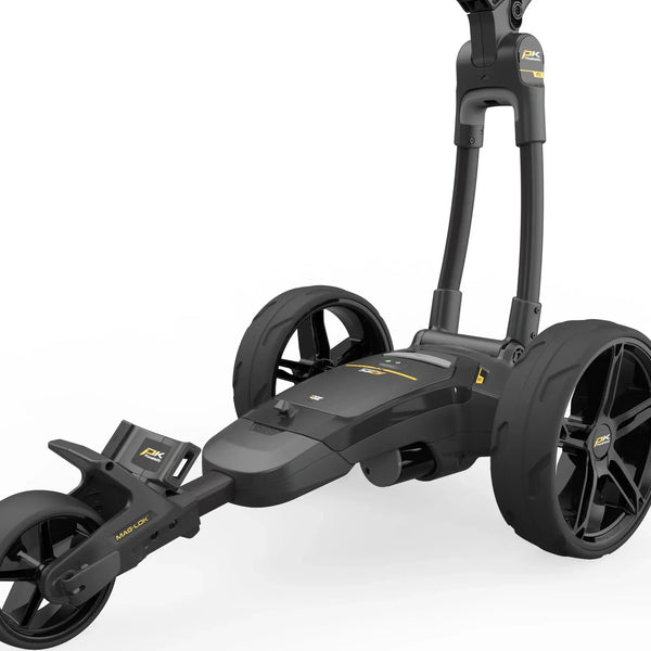 Elektrischer Golf Trolley in Schwarz mit großen Rädern und modernem Design auf weißem Hintergrund